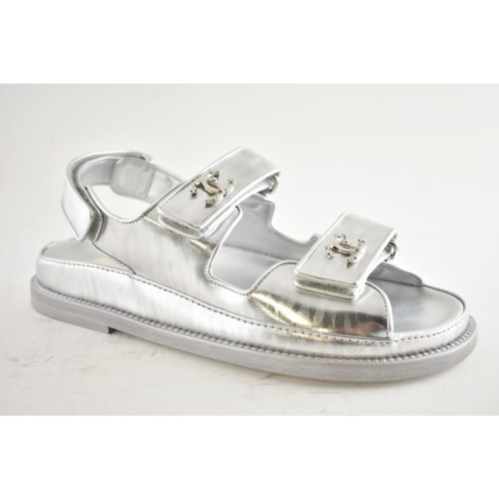 Chanel 22C Silver Laminated Star CC Logo Mule Slide Strap Flat Dad Sandal 35.5 - Picture 6 of 12